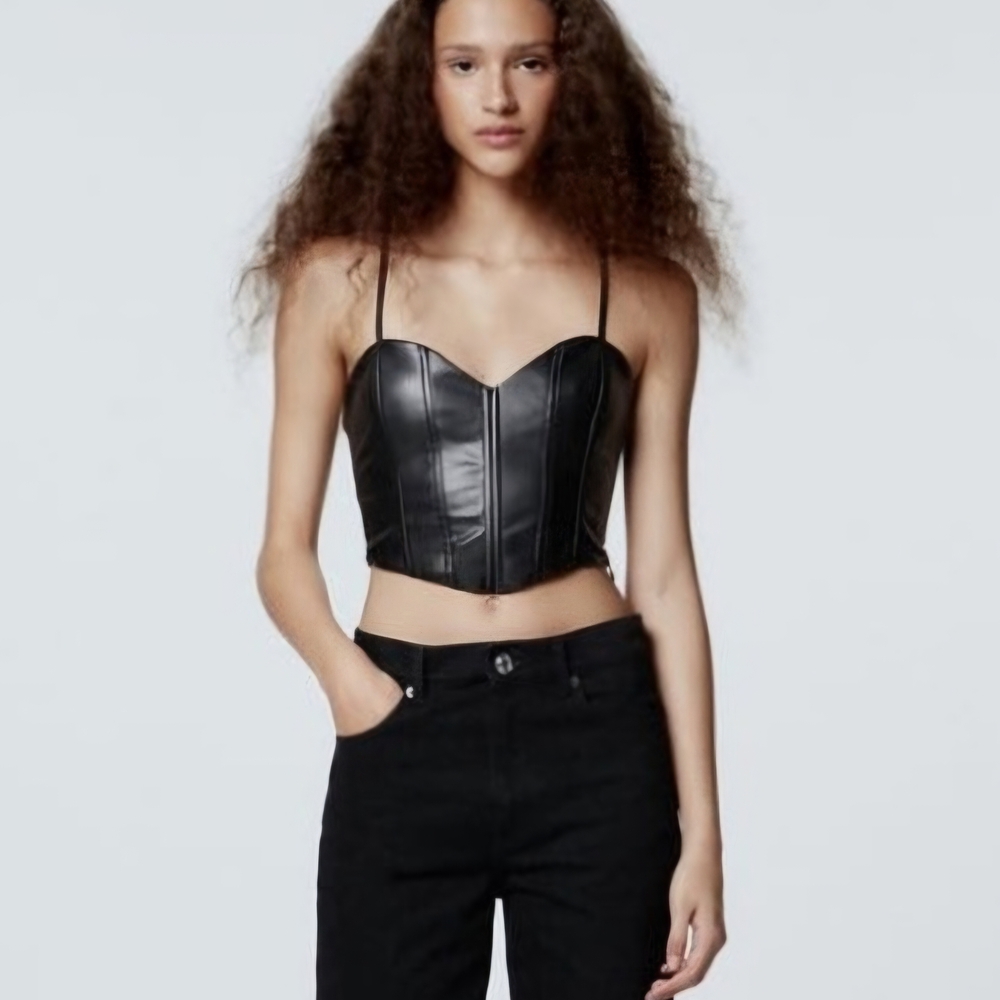 🔥🔥🔥 Zara Black Faux Leather Corset-Style Bustier Top